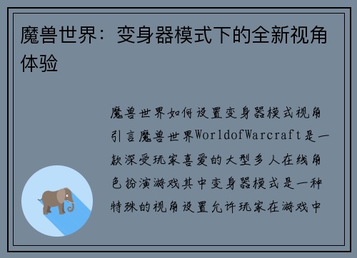 魔兽世界：变身器模式下的全新视角体验