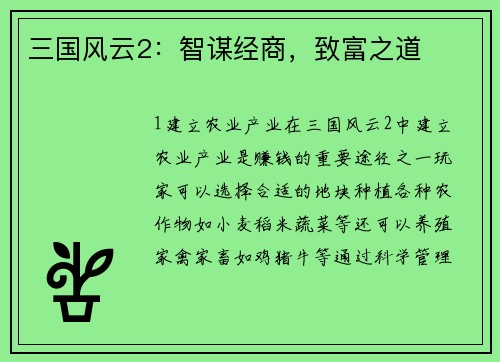 三国风云2：智谋经商，致富之道